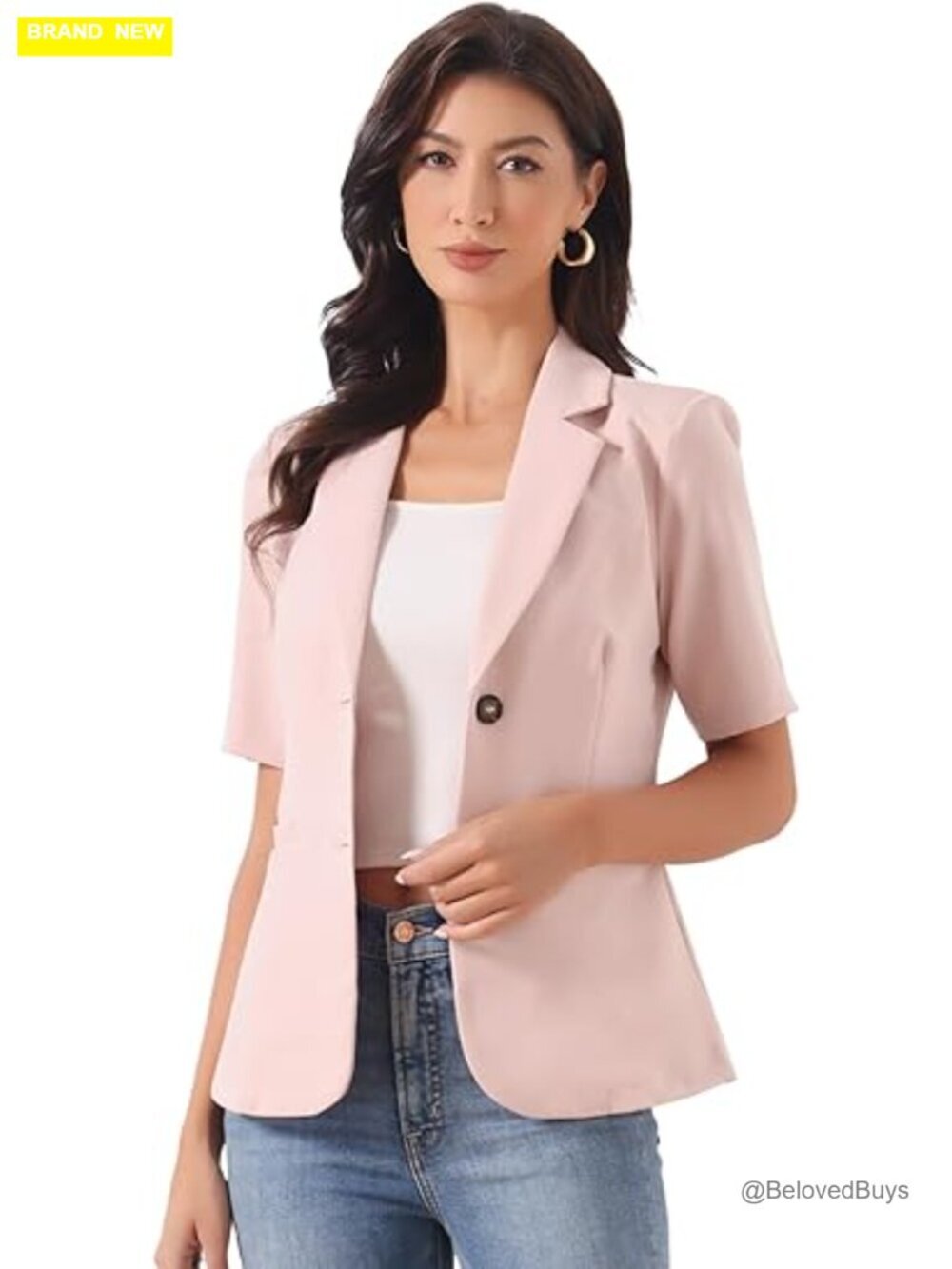 Short Sleeve Blazer Notched Lapel Button Down Suit Jacket Work Office